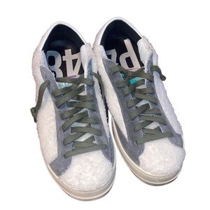 P448 Nordstrom John Wad Sherpa Fashion Sneakers White Green Gray Teddy sz 7.5-8